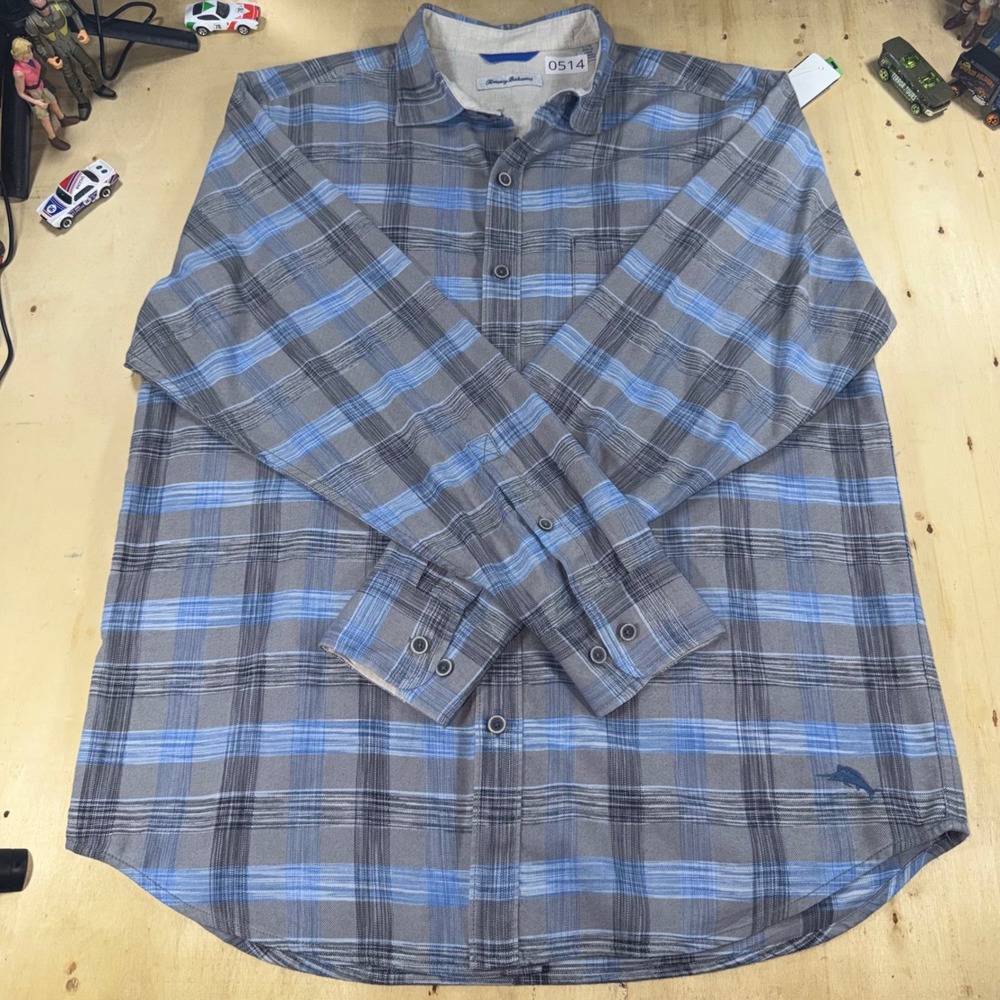 Tommy Bahama Mens L Blue Gray Plaid Long Sleeve Button Down Shirt Marlin Logo
